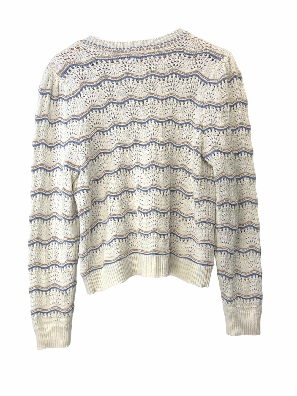 Marled Cream Eyelet Knit Sweater with Blue and Tan Stripes Size Large - Picture 3 of 7